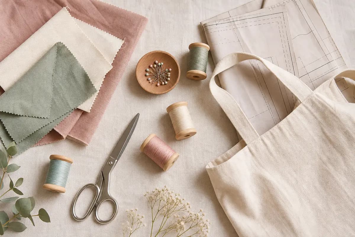 Flat lay of beginner sewing supplies: fabric swatches in dusty rose and sage, a handmade tote bag, thread spools, scissors, and a sewing pattern on a cream linen background